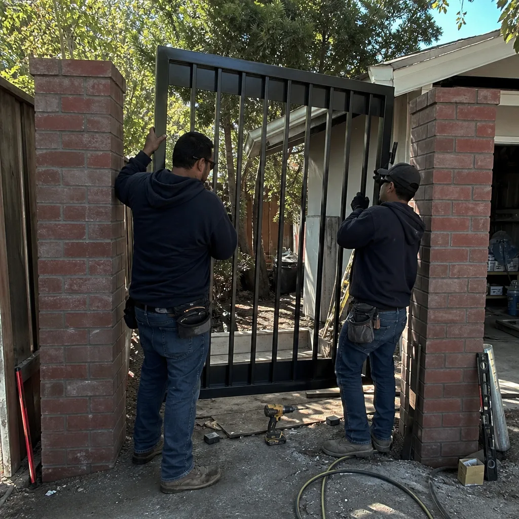 Two professional workers installing a custom metal gate between brick pillars.
