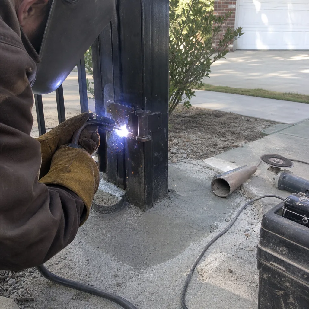Professional welder performing gate hinge installation on a metal gate post