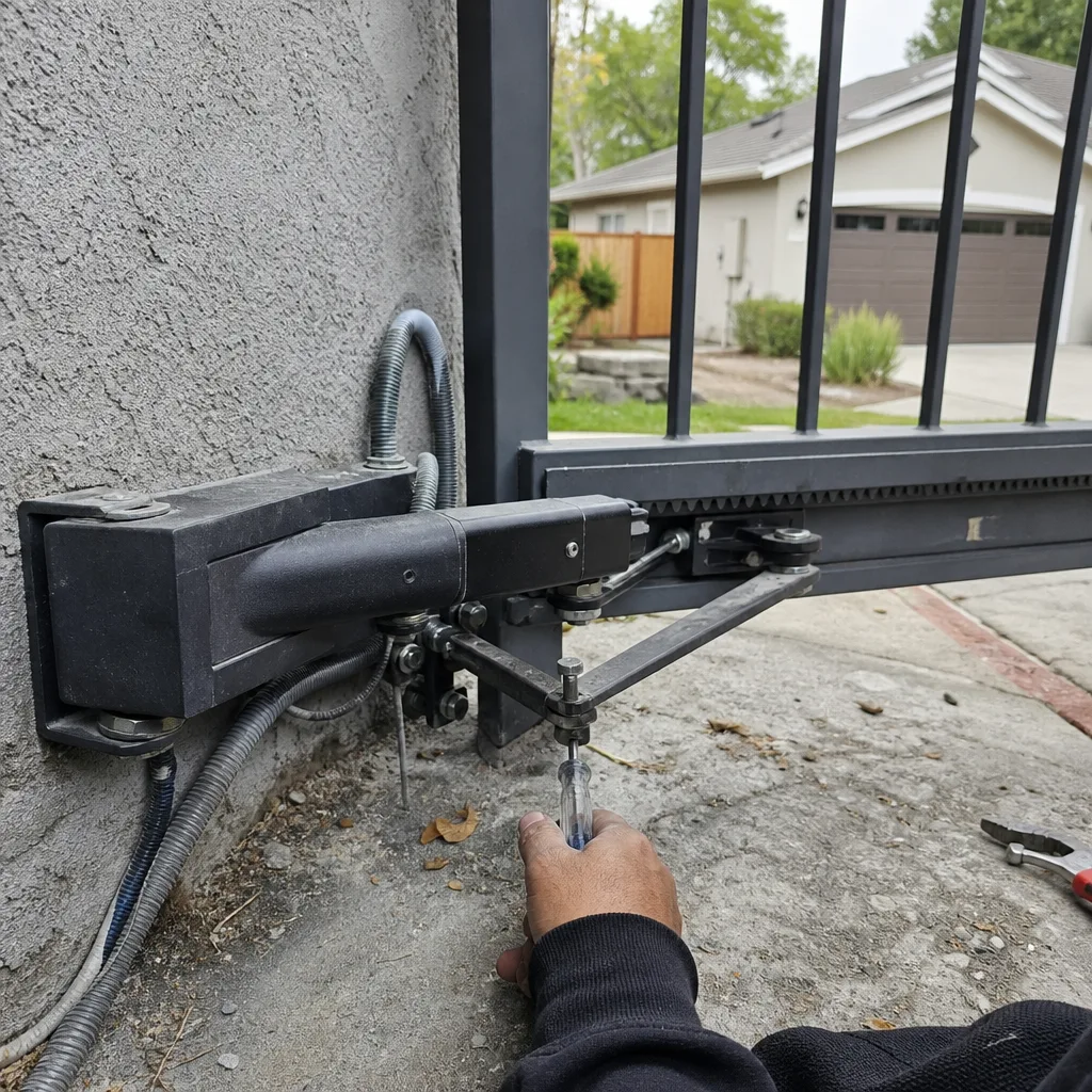 Technician performing professional gate motor and automatic opener repair and maintenance.