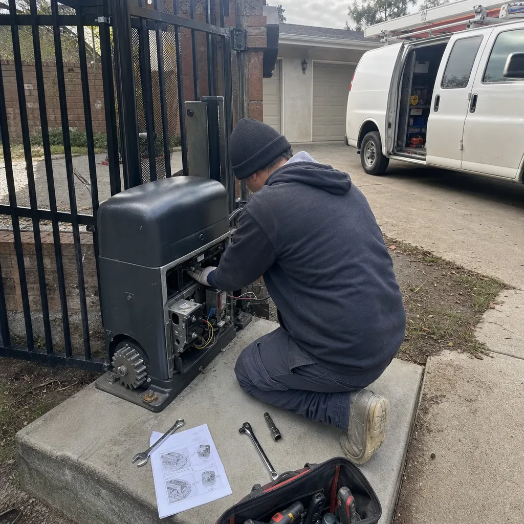 Technician performing gate motor repair and maintenance