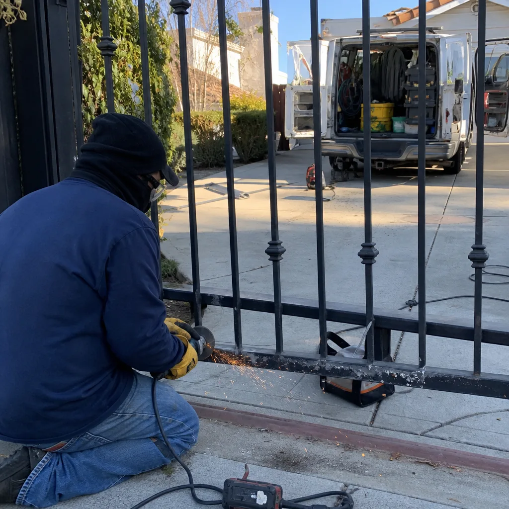 Professional gate repair technician using a power grinder on an iron gate